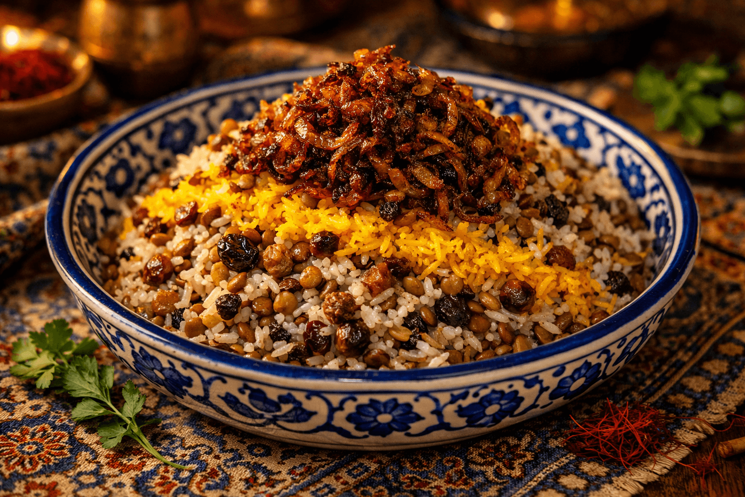 Adas Polo (Persian Lentil Rice with Raisins and Dates)