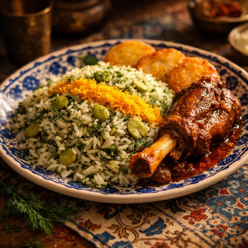 Baghali Polo ba Mahicheh (Dill- und Favabohnenreis mit Lammhaxe)