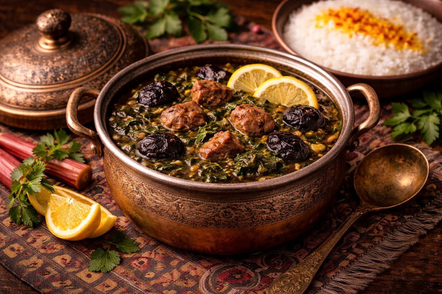 Khoresh-e Alu Esfenaj (Persischer Pflaumen-Spinat-Eintopf)