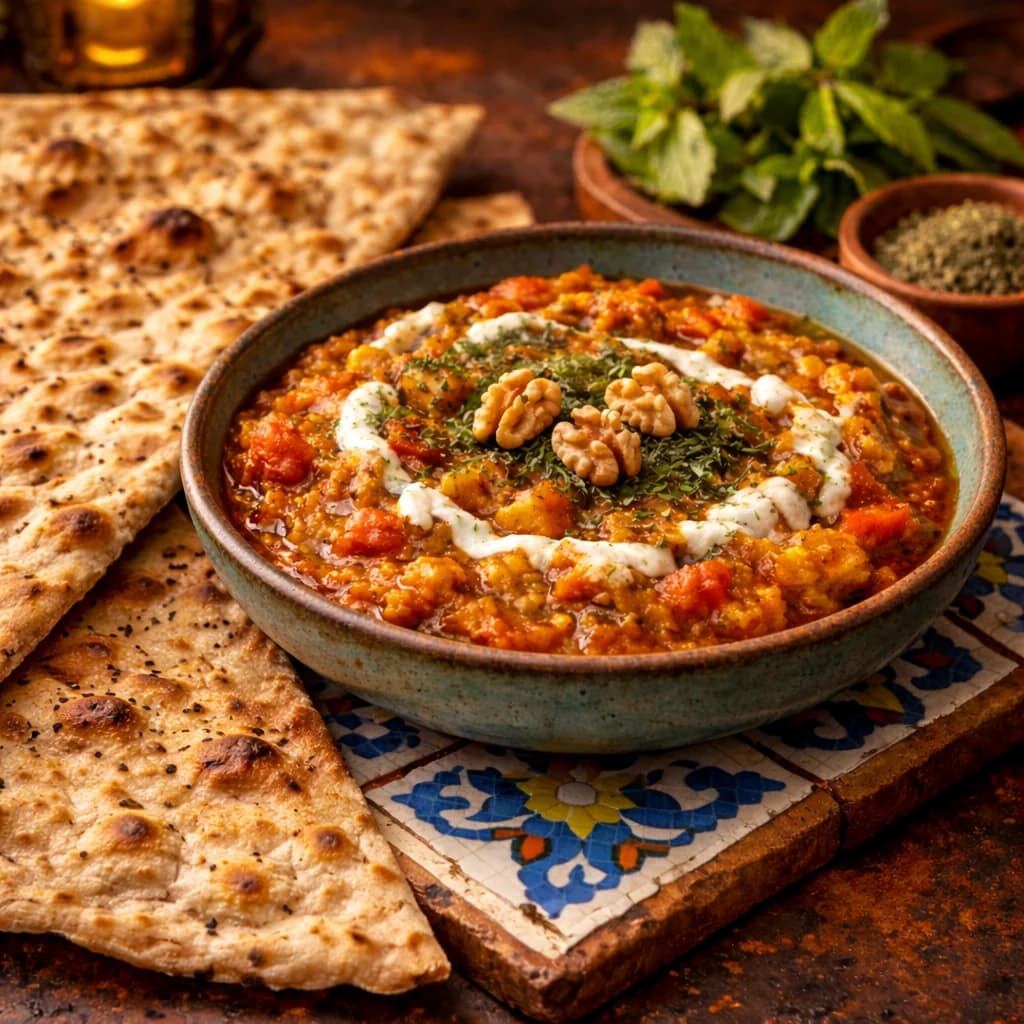 Mirza Ghasemi (Rauchige Aubergine mit Tomate und Knoblauch)