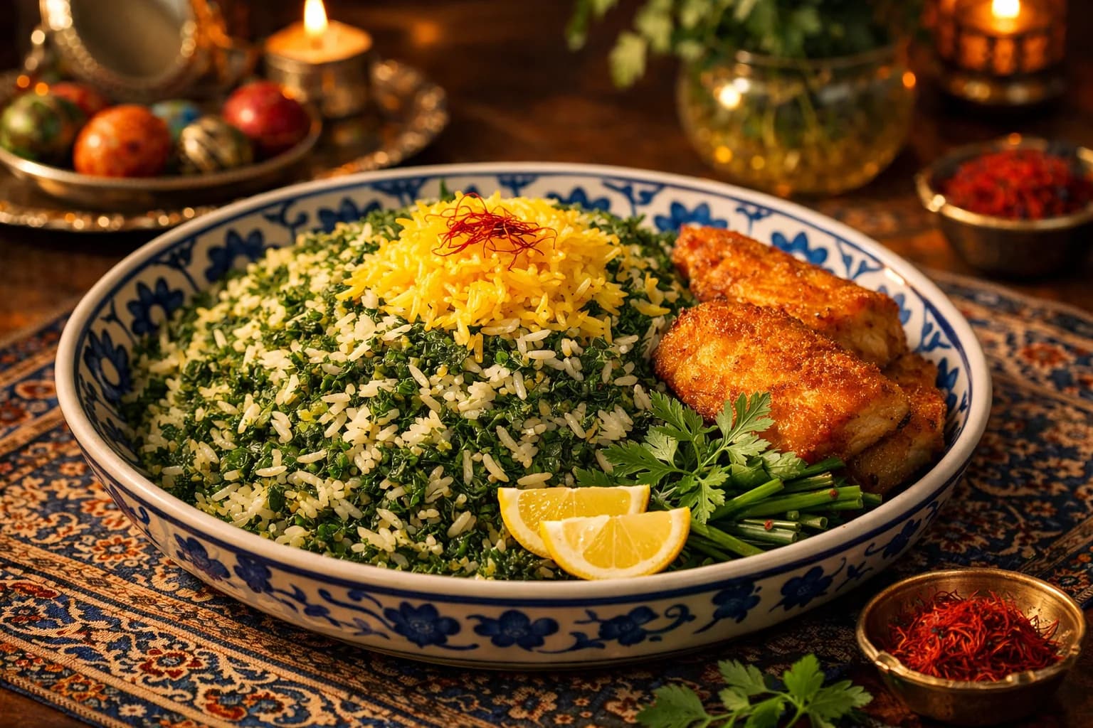 Sabzi Polo ba Mahi (Persischer Kräuter-Reis mit Gebratenem Fisch)