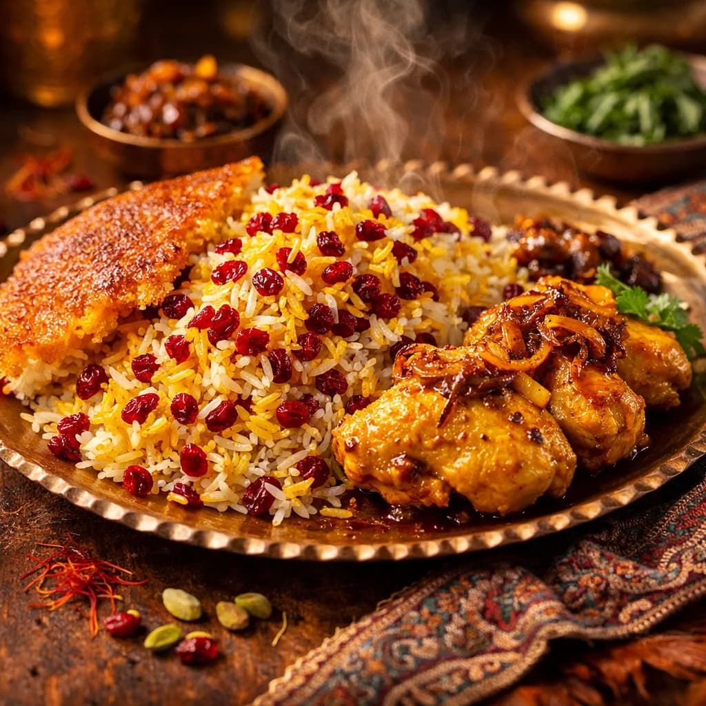 Zereshk Polo ba Morgh (Berberitzen-Reis mit Hähnchen)